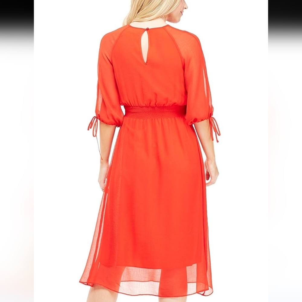 Maggie London Gauze Chiffon Smocked Waist Midi Dress Red Women's Size 8 - Picture 2 of 12